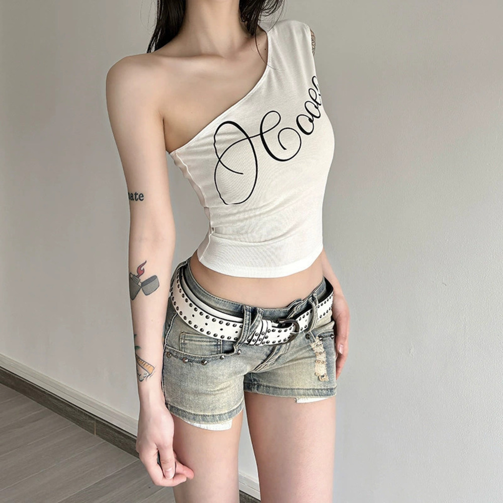 Zara Summer Letter Print Casual One Shoulder Top
